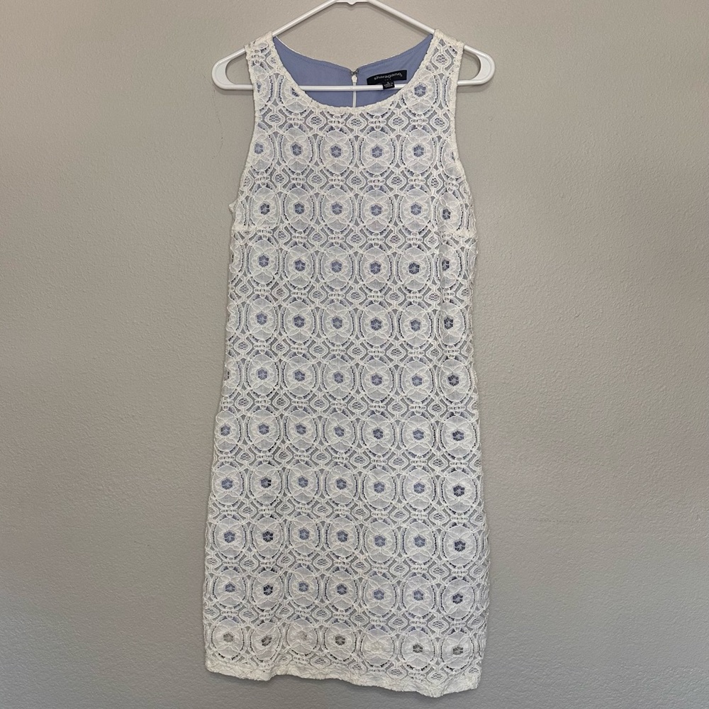 Sharagano White Cottagecore Crochet Lace Dress with Light Blue Lining